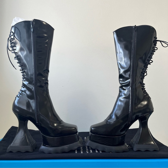 John Fluevog MUNSTER MAX MAGNOLIA ZIP-UP PLATFORM TALL BOOTS Size 8 - Picture 10 of 16